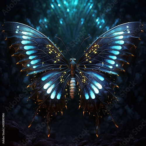 Mythical butterfly in glowing bright colors, glowing eyes. Generative AI photo