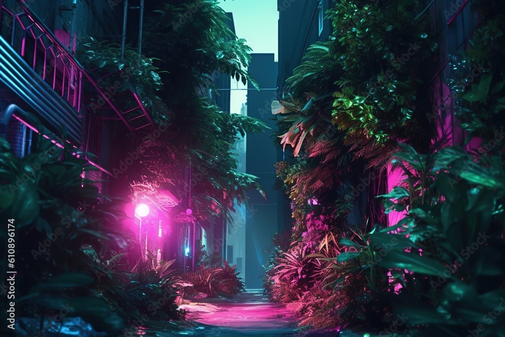 Image of green foliage, purple lighting and purple trees in a dark alley, futuristic sci-fi style. Generative AI