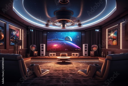 Home cinema, living room with colored LED lighting - Smart home. Generative AI © DZMITRY