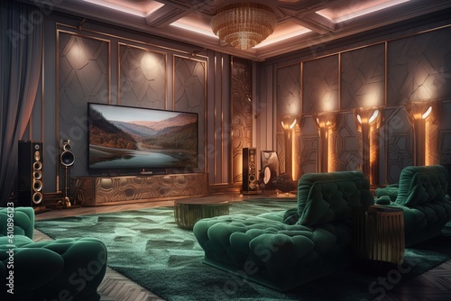 Home cinema, living room with colored LED lighting - Smart home. Generative AI