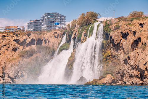 Duden waterfall in Antalya  Turkey. Unusual view from water surface