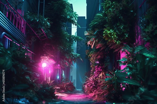 Image of green foliage  purple lighting and purple trees in a dark alley  futuristic sci-fi style. Generative AI
