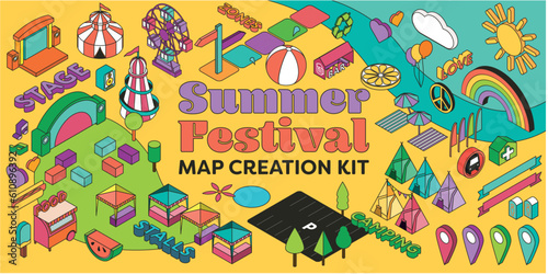 Summer Festival Isometric Map Creation Kit for Events, Fairs, Fetes, Festivals and Carnivals. 3D plan view in vector format.