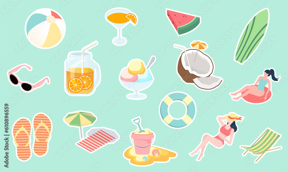 Summer Beach Sticker Pack. Set of Cute illustration Vector for Vacation. Isometric Accessories and Outdoor Activity Beach Items are Isolated on Plain Background. Flat Design Cartoon Character.