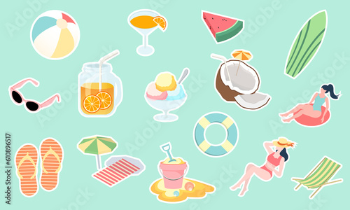 Summer Beach Sticker Pack. Set of Cute illustration Vector for Vacation. Isometric Accessories and Outdoor Activity Beach Items are Isolated on Plain Background. Flat Design Cartoon Character.