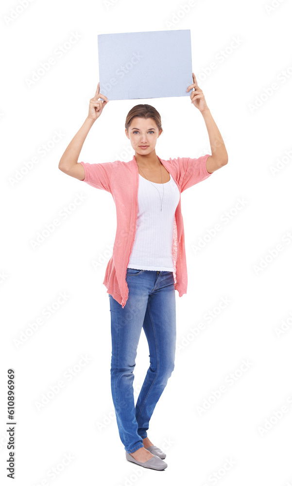 Portrait, poster and mockup information with a woman isolated on a transparent background for an ad. Happy, marketing or branding space with an attractive young female person holding a sign on PNG