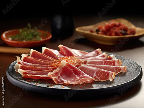 Dish with iberico ham cut ready to eat