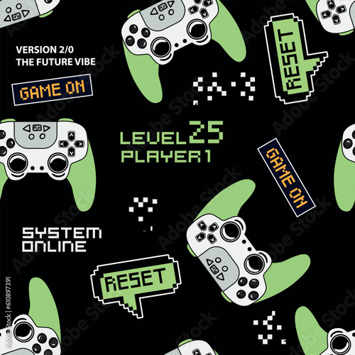 Abstract Seamless hand drawn pattern with joystick. Gamer elements for boy t-shirt design. Repeat print with gamepad sign for boys textile and more
