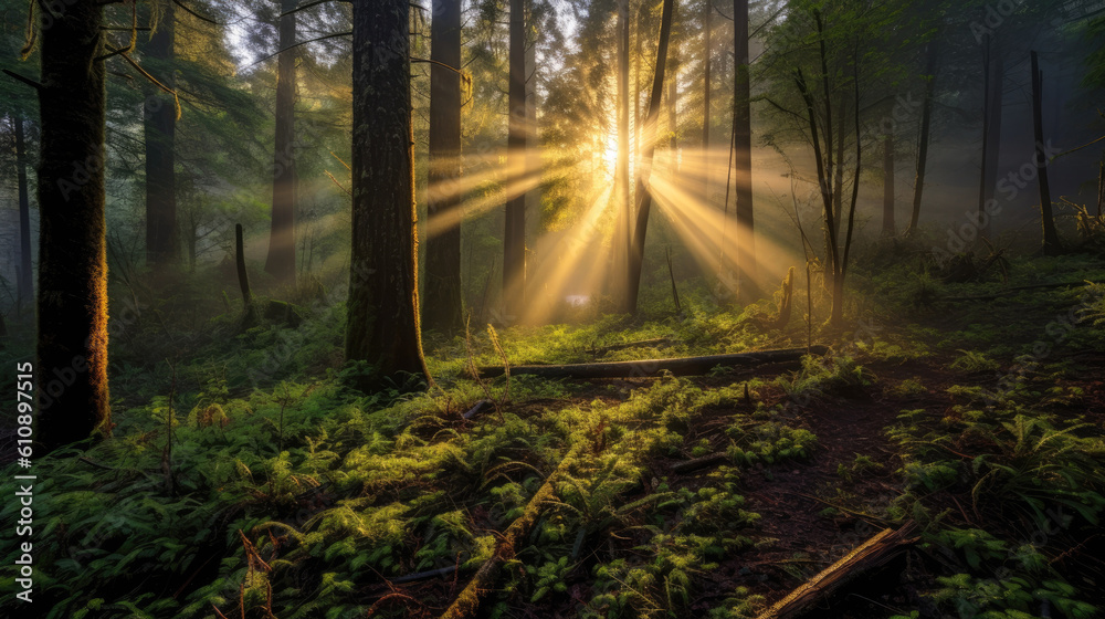 Fototapeta premium Morning forest after rain. Generative AI