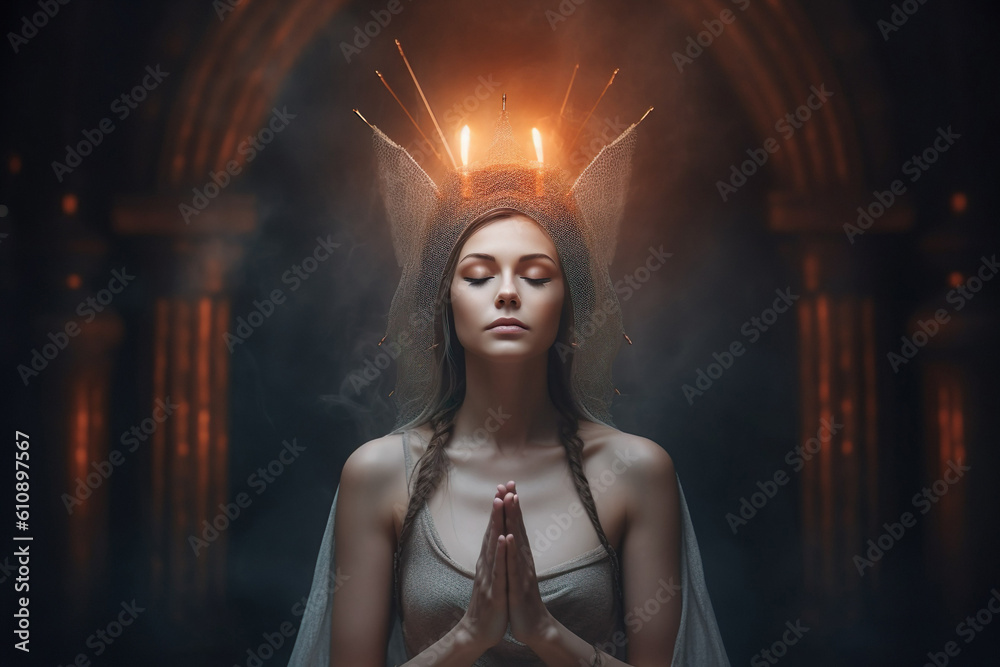 Illustration of woman in spiritual wat of thinking Illustration of woman in spiritual wat of thinking