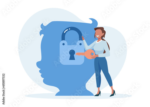 Vector of a psychologist woman solving mental problems of a boy with a key to his mind