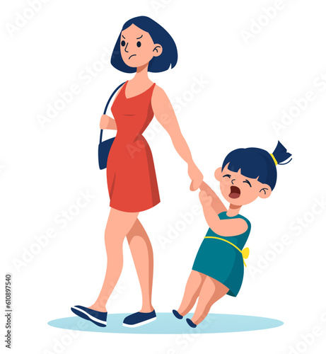 Vector of naughty child crying, having a tantrum and a disgruntled young mother.