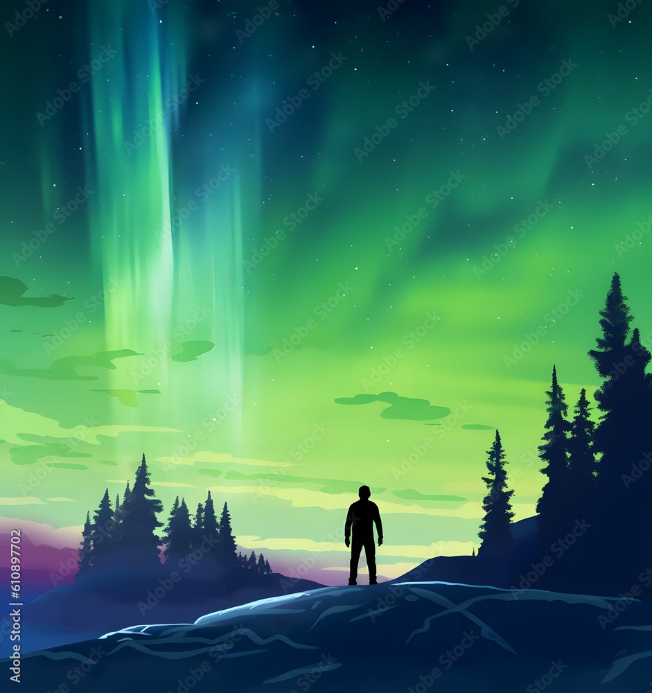 a person standing in a silhouette with a green aurora.