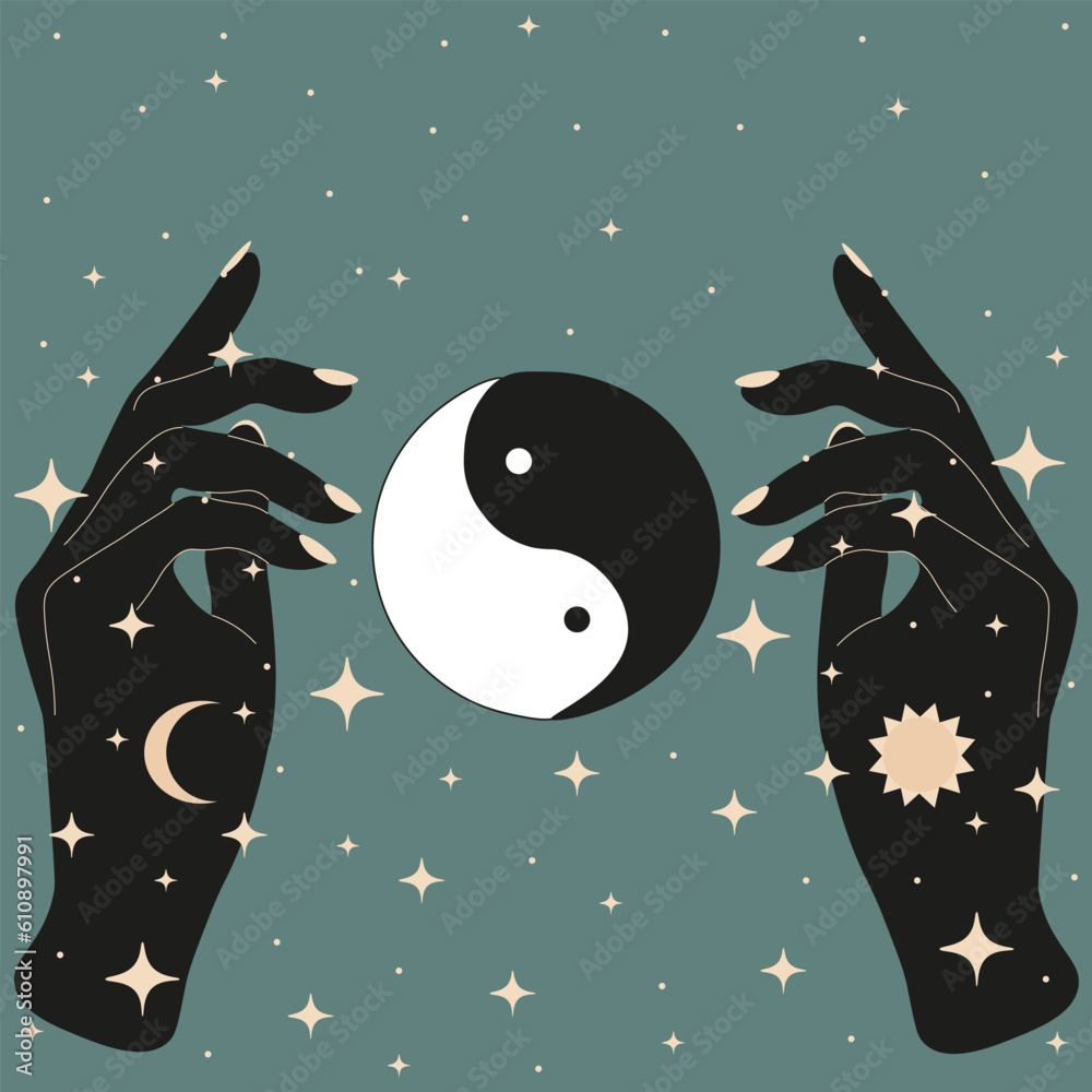 Mystical celestial Woman Hands in retro styled with Yin Yang Symbol