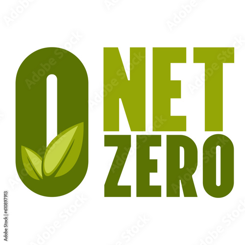 Net zero, CO2 neutral, green vector illustration. Eco friendly isolated sign, text with leaves. Carbon emissions free, no air atmosphere pollution industrial production. Save the planet