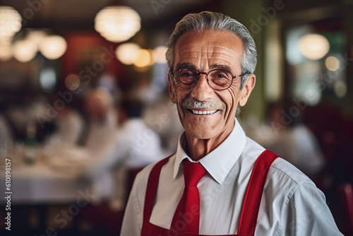Illustration of mature retired senior working in restaurant