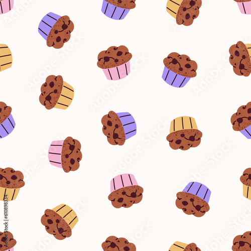 Cupcakes, seamless pattern. Sweet chocolate muffins, choco pastry texture design. Endless background, repeating print, bakery, confectionery, cup cakes. Flat vector illustration for wrapping, textile