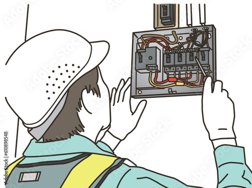 電子機械の点検をする作業員男性
