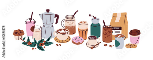 Coffee cups, glasses, cafeteria accessories. Cafe beverages, caffeine drinks, bean grinder, packages, brewing tools, desserts composition. Flat graphic vector illustration isolated on white background