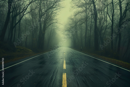 Illustration of wet road in woods and some fog