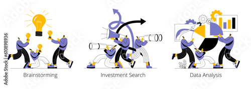 The team is brainstorming, working with data in the form of various charts, looking for new investments. A set of fun vector illustrations on the theme of business and group work.
