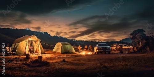 AI Generated. AI Generative. Evening camping party bonfire camp fire. Adventure vacation team bulidng party friends vibe. Graphic Art Illustration