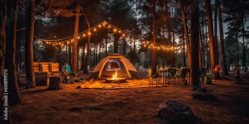 AI Generated. AI Generative. Evening camping party bonfire camp fire. Adventure vacation team bulidng party friends vibe. Graphic Art Illustration