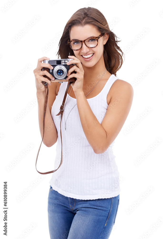 Camera, happy and photographer woman isolated on transparent, png background for picture. Female model person with glasses, smile and photography gear for creativity and shooting for hobby or career Camera, happy and photographer woman isolated on transparent, png background for picture. Female model person with glasses, smile and photography gear for creativity and shooting for hobby or career