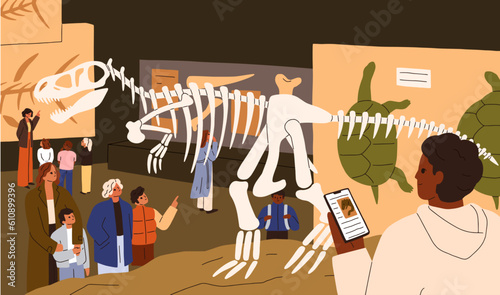 Archeology and paleontology museum. Visitors looking at prehistoric bones, displayed dinosaur skeleton, archaeological fossils at prehistory Jurassic period exhibition. Flat vector illustration