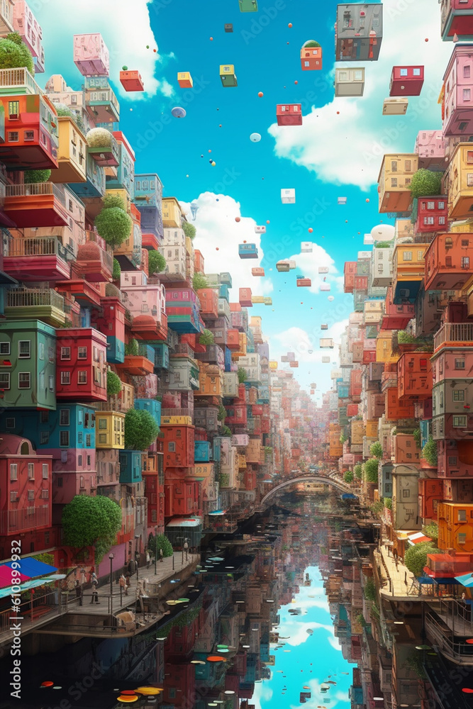 A digital artwork featuring a surreal cityscape with floating