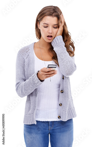 Phone, problem and shocked woman isolated on a transparent png background. Smartphone, crisis and person reading fake news on social media, email spam or scam, tragedy and wow for surprise emoji.