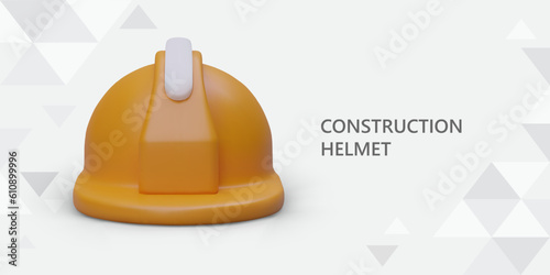 3d realistic helmet for head protection. Web poster for online store with place for text. Clothing to protect body and head concept. Vector illustration in cartoon style with gray background