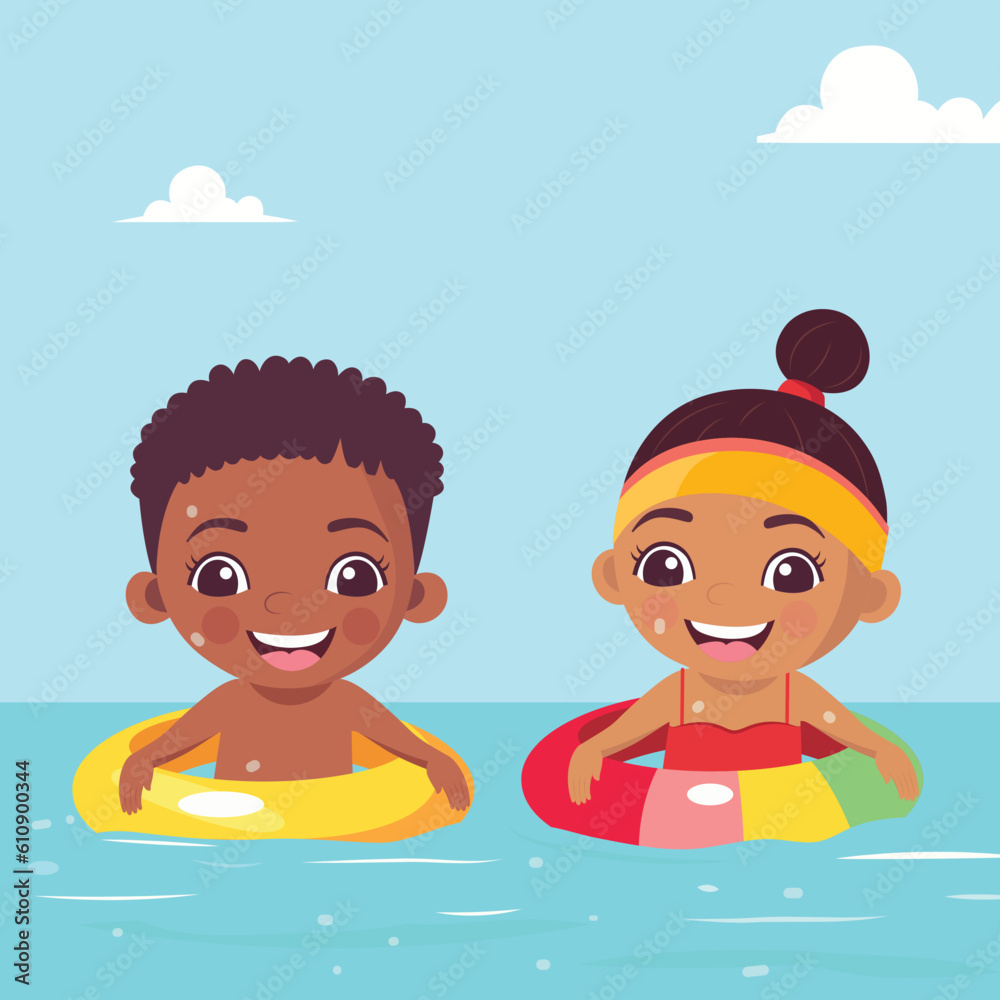 Two Child Boy Together Swimming with Inflatable Ring in Water for Pool Party on Summer Holiday. Two Child Boy Together Swimming with Inflatable Ring in Water for Pool Party on Summer Holiday.