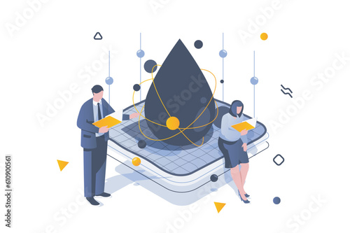 Oil Industry concept in 3d isometric design. Global oil business with production processes, fuel storage and petrol transportation. Vector illustration with isometric people scene for web graphic