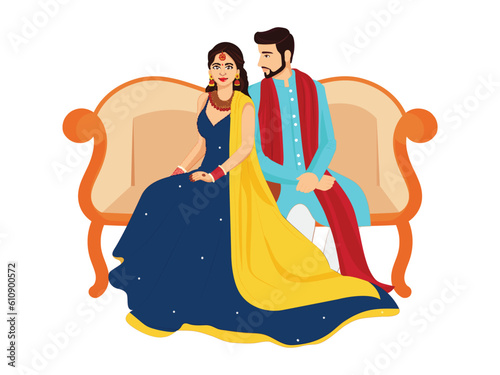 Happy Indian Wedding Couple Character Sit on Sofa in Traditional Attire.