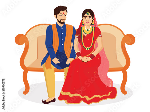 Happy Indian Wedding Couple Character Sit on Sofa in Saree and Sherwani According to Their Culture.