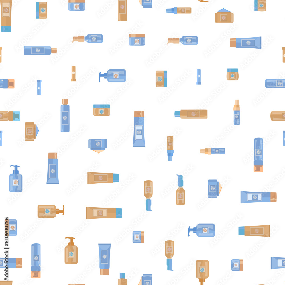 Seamless pattern of cosmetics, body and face care products for women men. Lotions in tubes, jars, glass bottles, deodorants, lipstick, shampoo, soap dispenser, face gel, serum. Flat vector illustratio