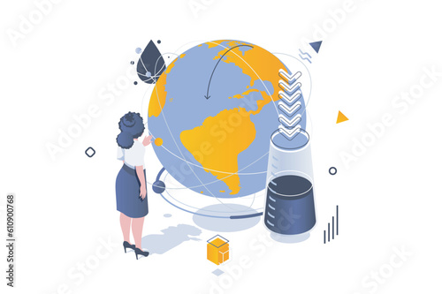Oil Industry concept in 3d isometric design. Global petroleum fuel business with commerce and transportation barrels in world market. Vector illustration with isometric people scene for web graphic
