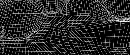 White grid distortion on black background. Waved mesh surface. Net with curvatured effect. Checkered pattern deformation. Bented lattice texture