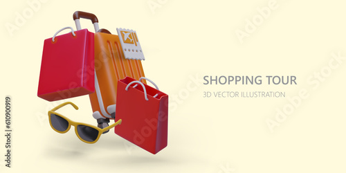 Poster with 3d realistic shopping bags, sunglasses and trolley bag. Travel luggage concept. Luggage for journey. Vector illustration in orange and red colors