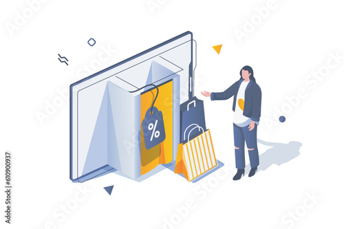 Online shopping concept in 3d isometric design. Woman with many bags buying new goods at store with bargain offers of discount prices. Vector illustration with isometric people scene for web graphic