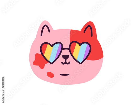 Cute cat head avatar in LGBT rainbow sunglasses. Funny kitty in heart-shaped LGBTQ glasses, face portrait. Amusing lovely feline, pride month. Flat vector illustration isolated on white background