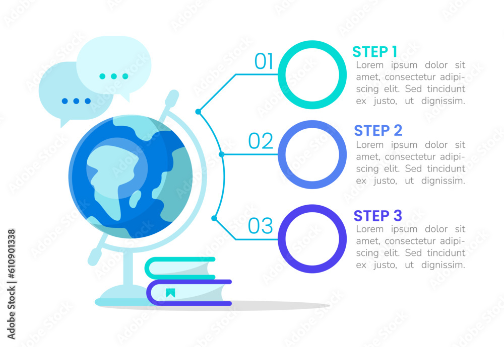 Worldwide geography course blue infographic chart design template. Abstract vector infochart with blank copy spaces. Instructional graphics with 3 step sequence. Visual data presentation