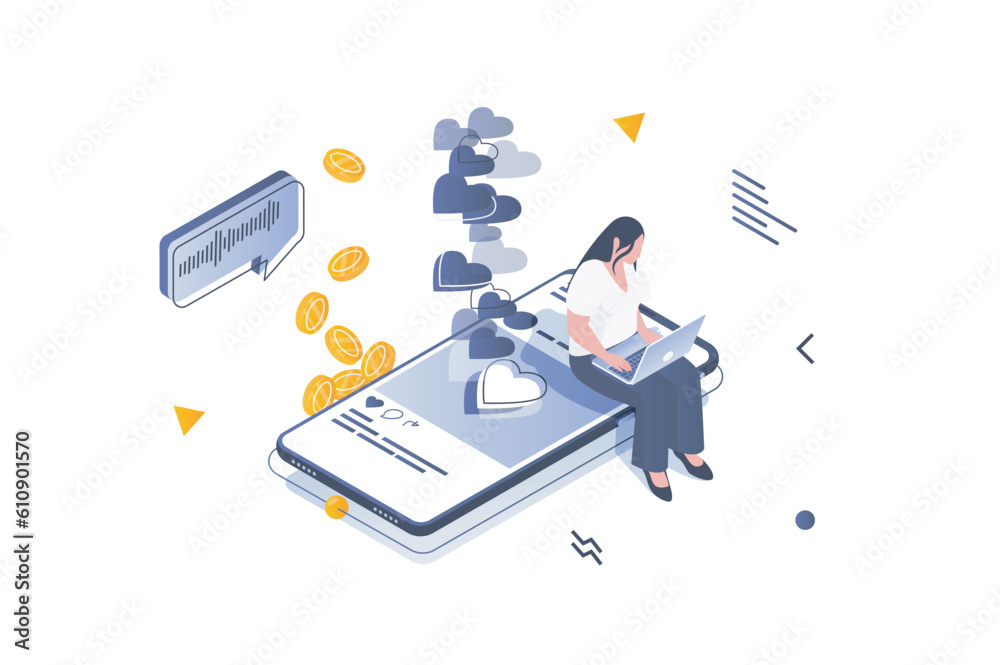 Social media concept in 3d isometric design. Woman creating new post, collecting many likes and comments and earning in online blog. Vector illustration with isometric people scene for web graphic