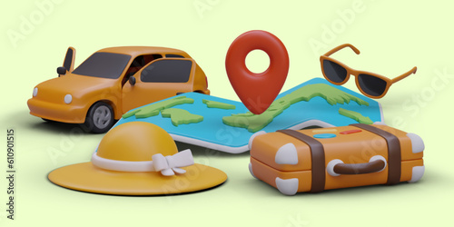 3D illustration about travel and rest. World map, car with open doors, vacationer accessories, suitcase, sunglasses, wide brimmed women hat. Auto tourism, road trips of different countries