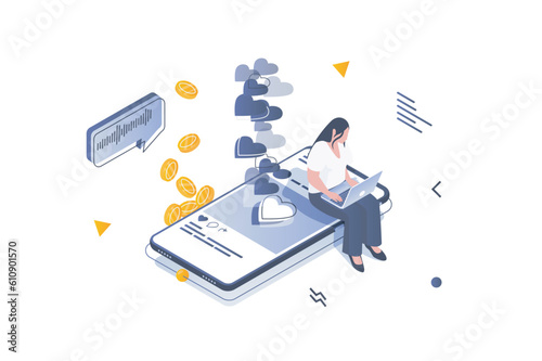 Social media concept in 3d isometric design. Woman creating new post, collecting many likes and comments and earning in online blog. Vector illustration with isometric people scene for web graphic