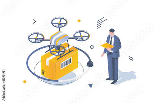 Transportation logistics concept in 3d isometric design. Man uses drone flying delivery service for box shipping and online tracking. Vector illustration with isometric people scene for web graphic