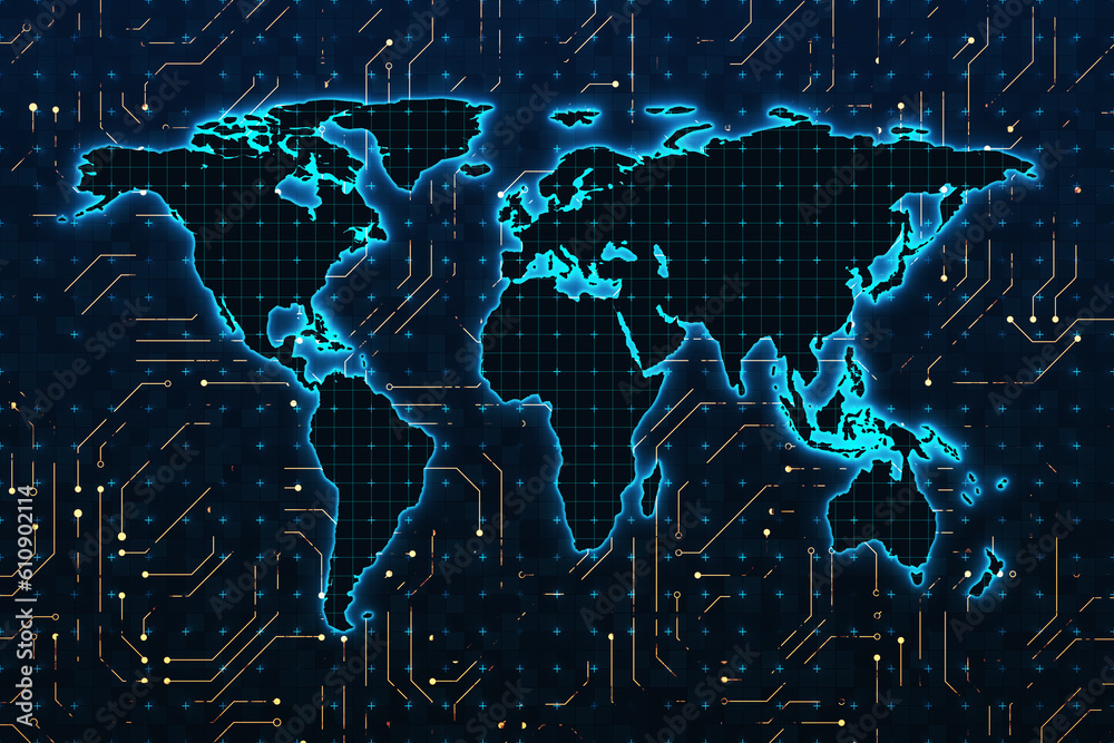 Front view of digital world map with microcircuit on dark blue ...