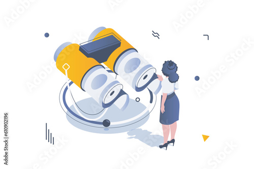 Unemployment crisis concept in 3d isometric design. Woman loses job and searching for new job through binoculars, career challenge. Vector illustration with isometric people scene for web graphic