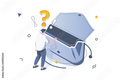 Unemployment crisis concept in 3d isometric design. Sad man looking to empty wallet and has financial problem, bankruptcy and poverty. Vector illustration with isometric people scene for web graphic